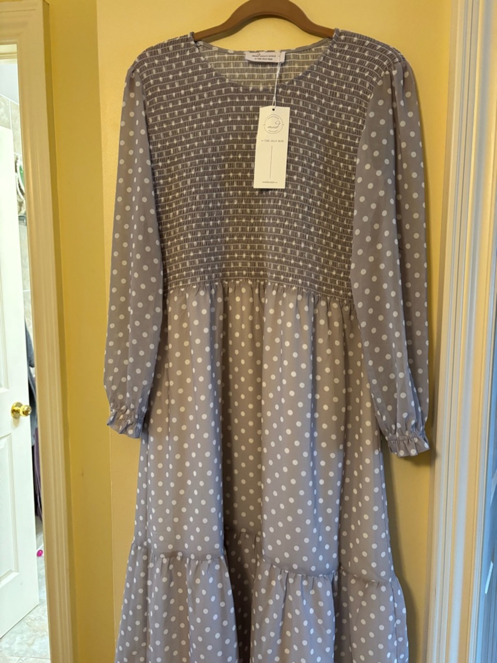 Smocked Polka Dot Casual Maxi Dress - Light Gray